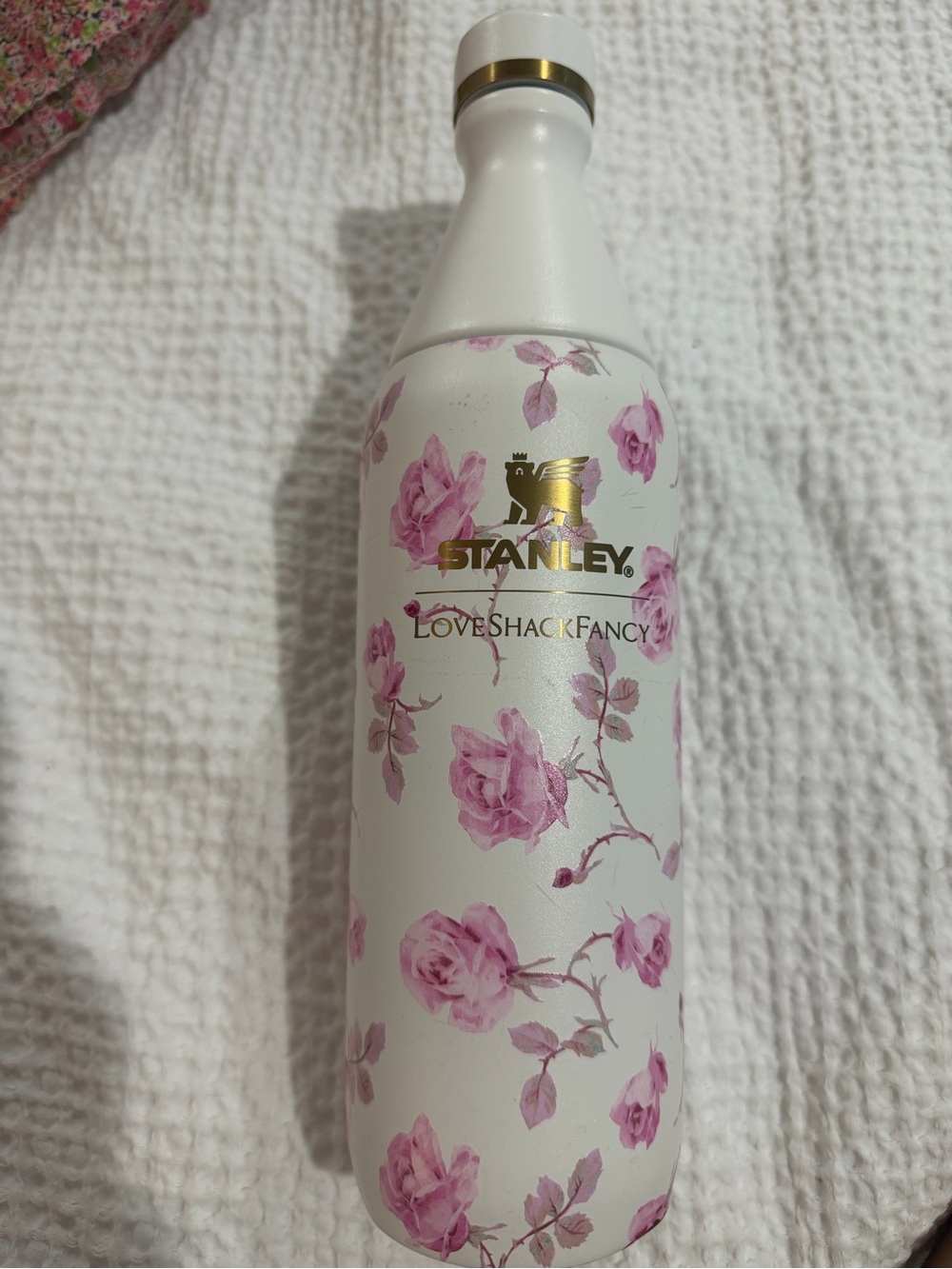 Stanley White Bottle with Pink Floral Pattern and Gold Logo